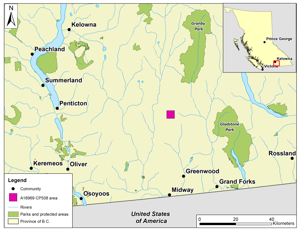 A map of south-central BC that identifies communities, river, parks and protected areas. It highlights the general location of cutting permit 508-9.